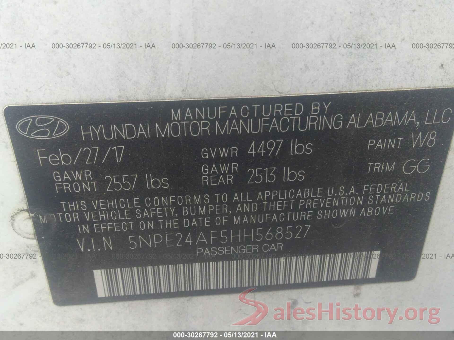 5NPE24AF5HH568527 2017 HYUNDAI SONATA