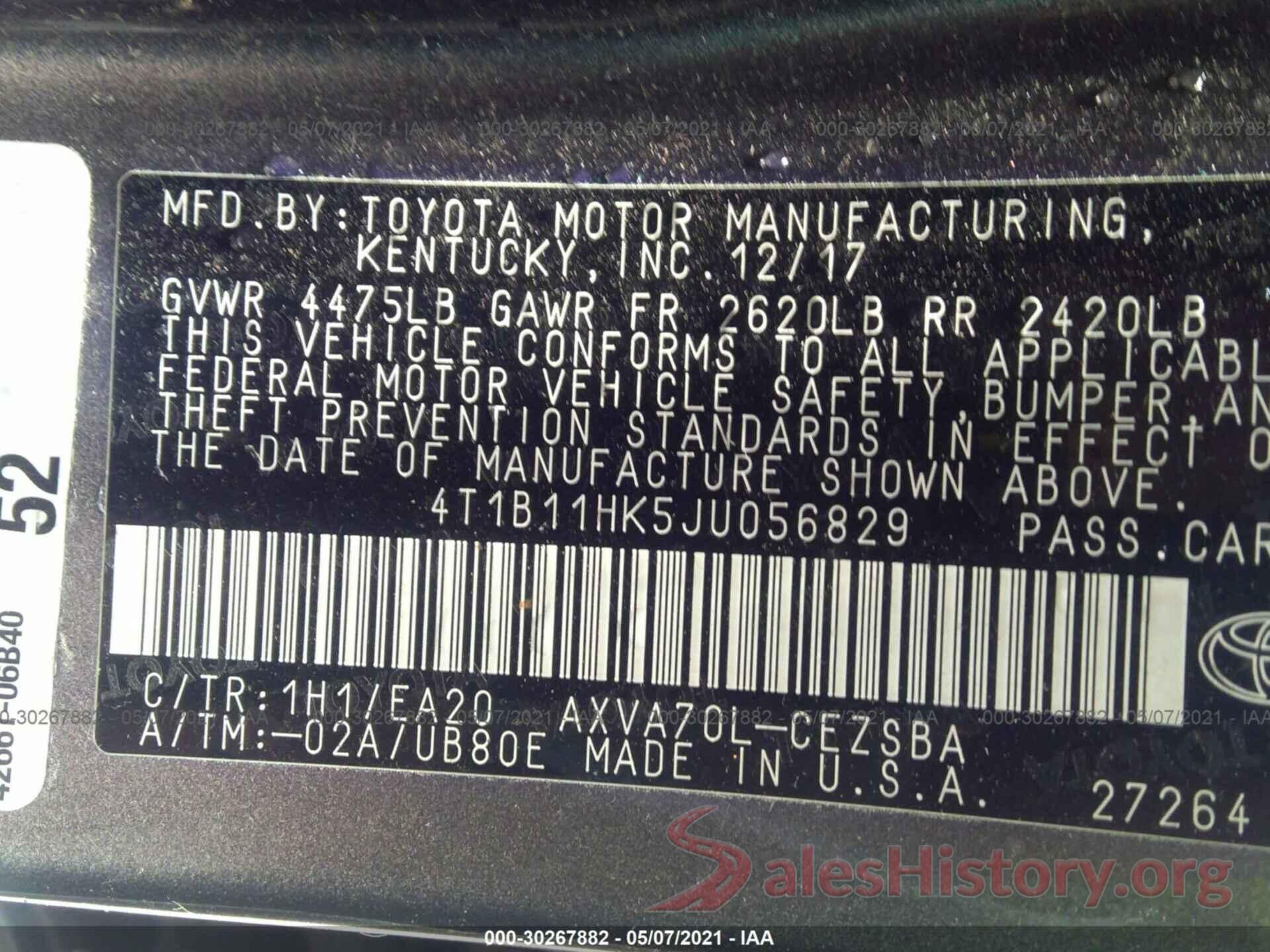 4T1B11HK5JU056829 2018 TOYOTA CAMRY