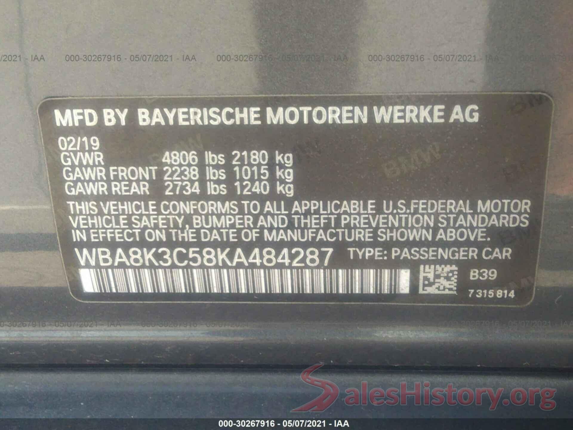 WBA8K3C58KA484287 2019 BMW 3 SERIES