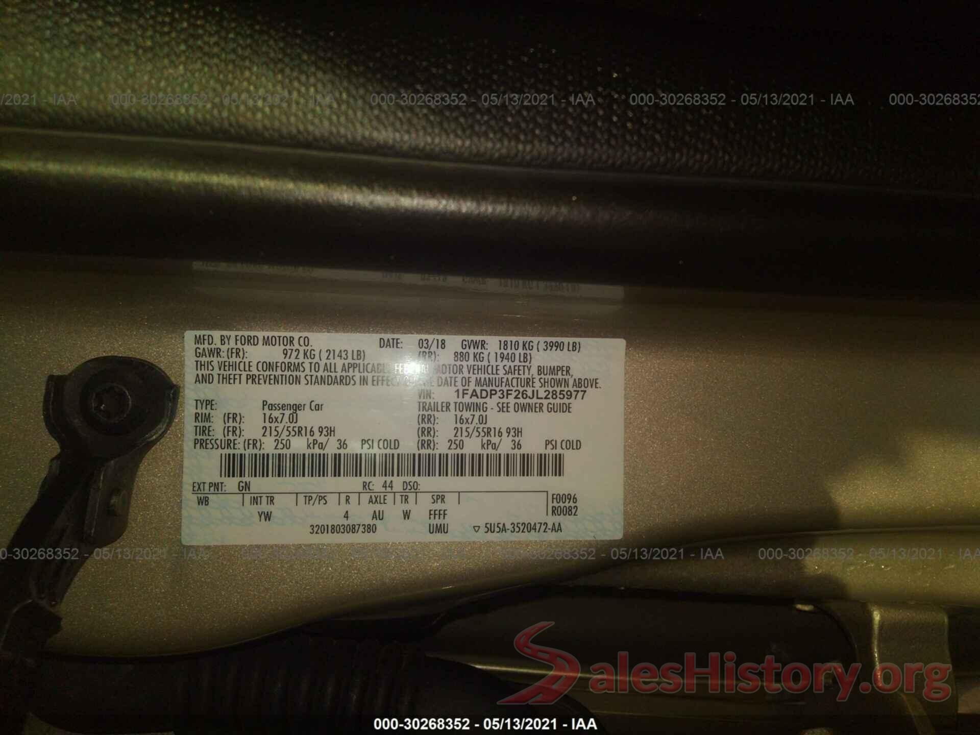 1FADP3F26JL285977 2018 FORD FOCUS