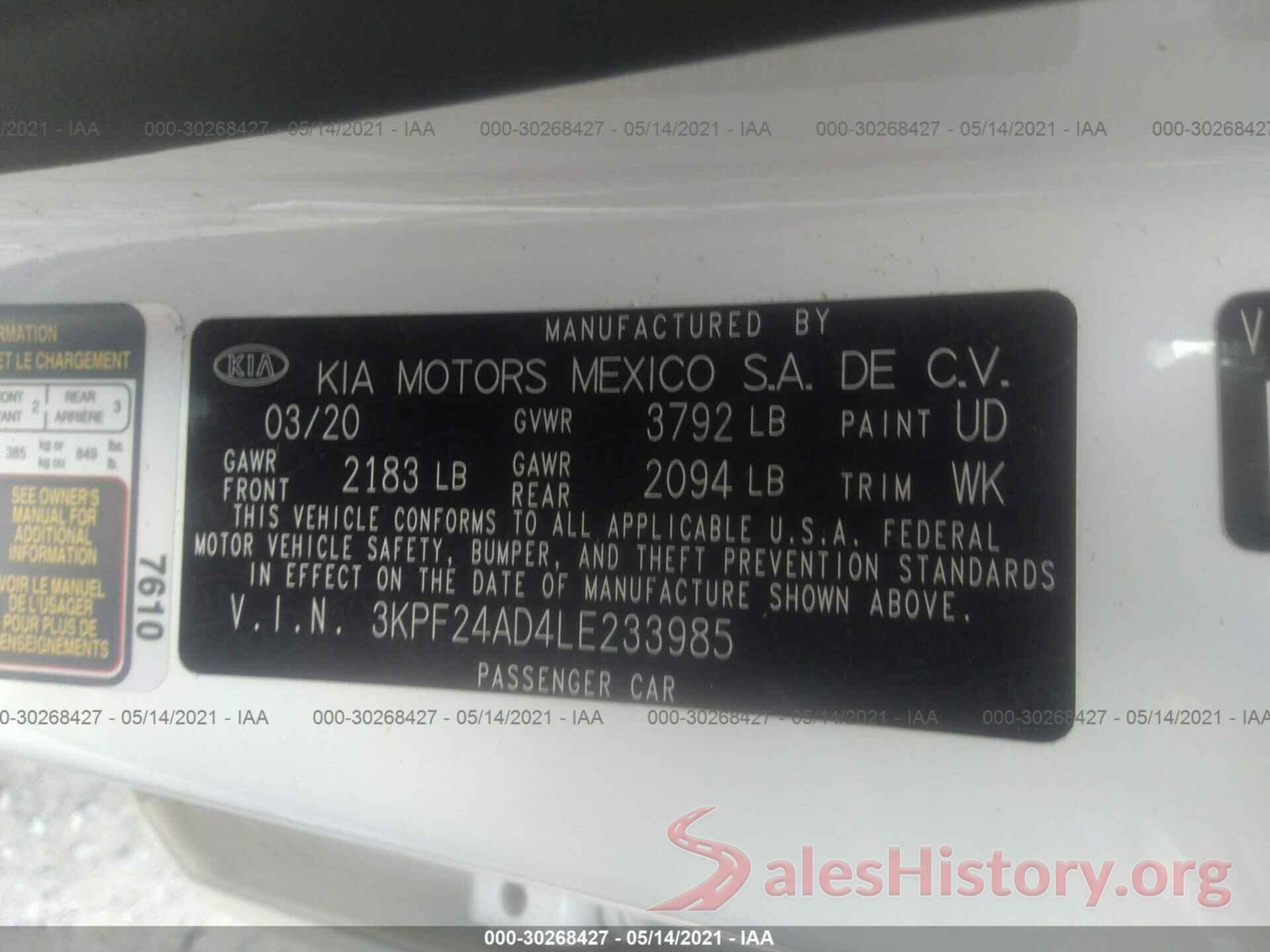 3KPF24AD4LE233985 2020 KIA FORTE