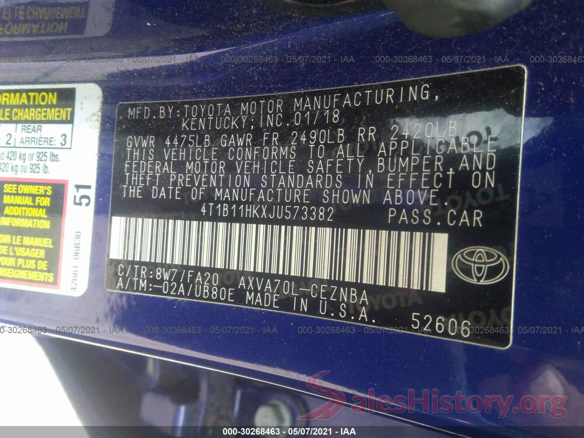 4T1B11HKXJU573382 2018 TOYOTA CAMRY