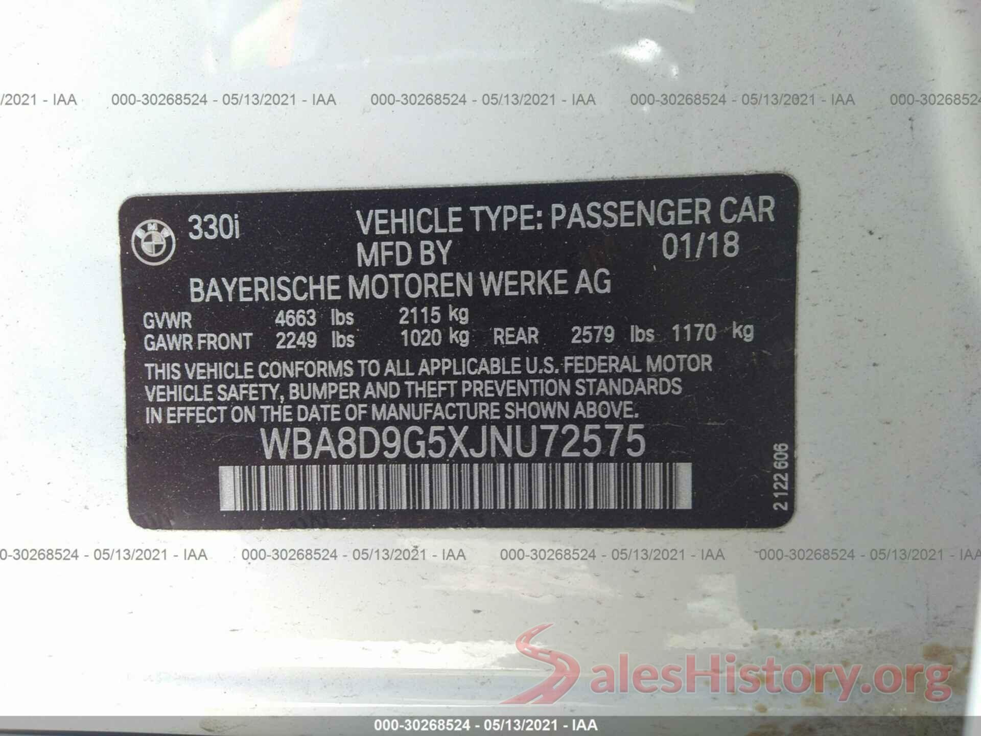 WBA8D9G5XJNU72575 2018 BMW 3 SERIES