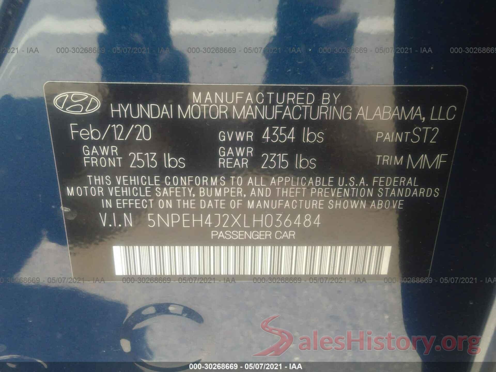 5NPEH4J2XLH036484 2020 HYUNDAI SONATA