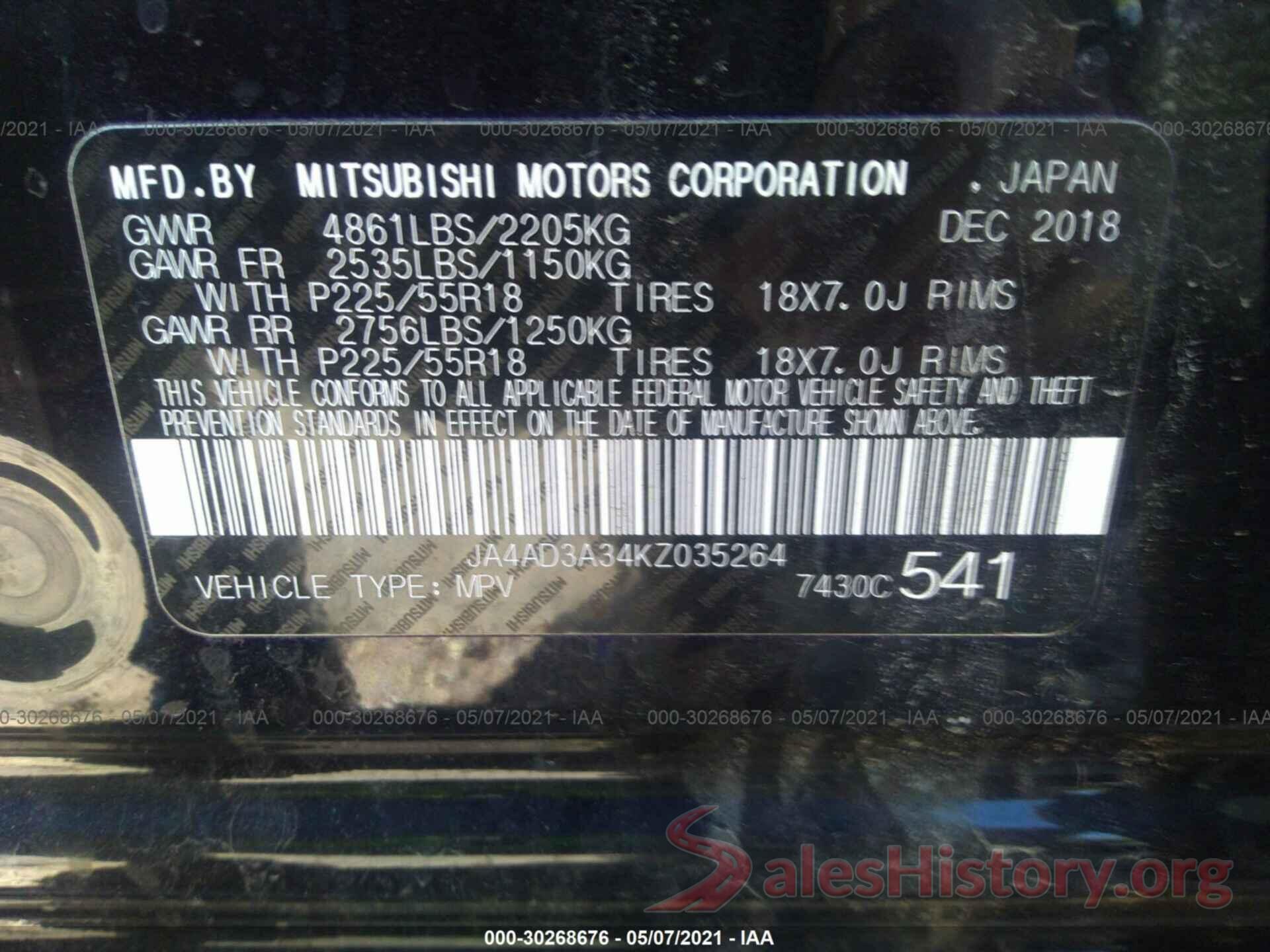 JA4AD3A34KZ035264 2019 MITSUBISHI OUTLANDER