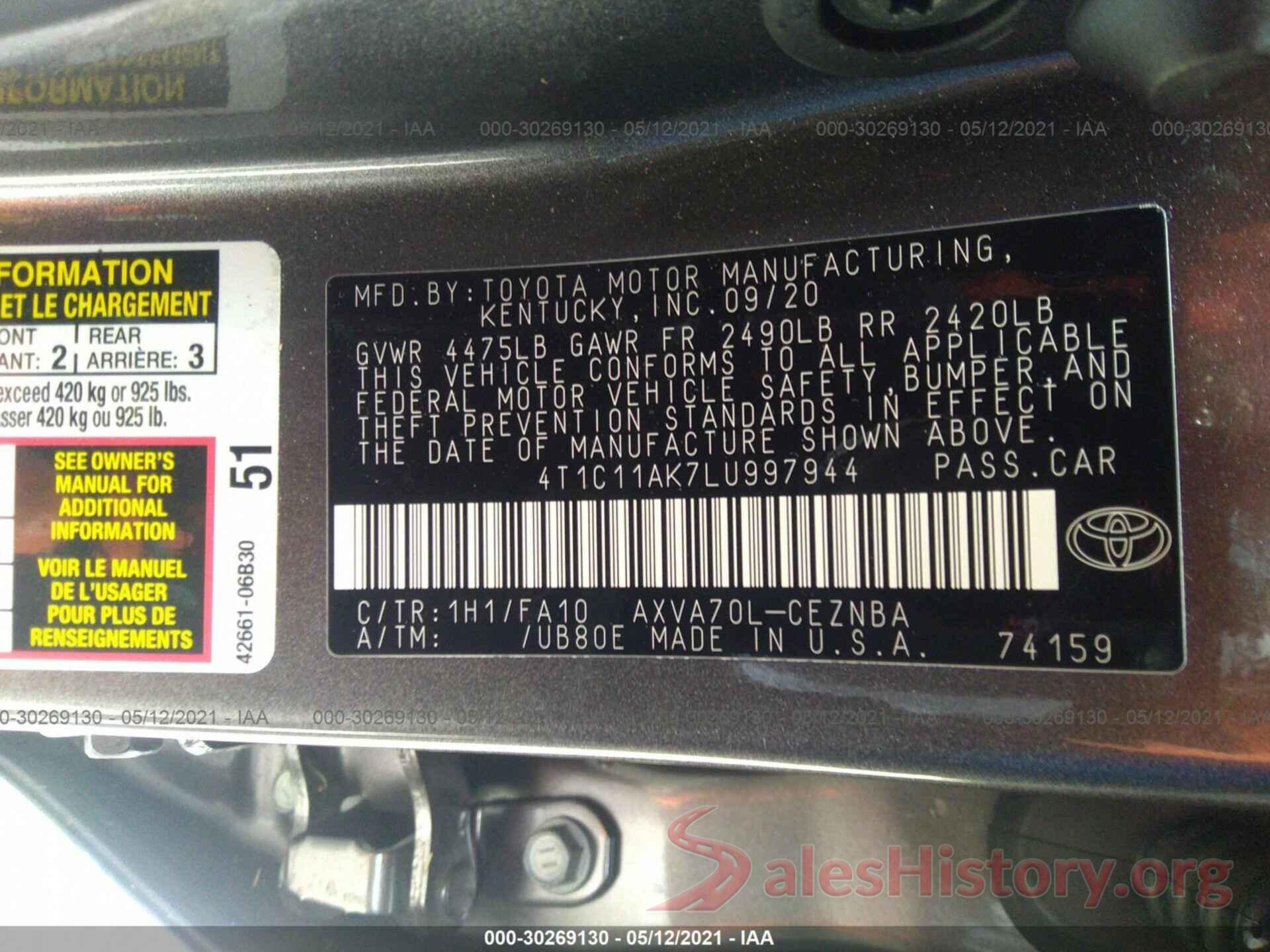 4T1C11AK7LU997944 2020 TOYOTA CAMRY