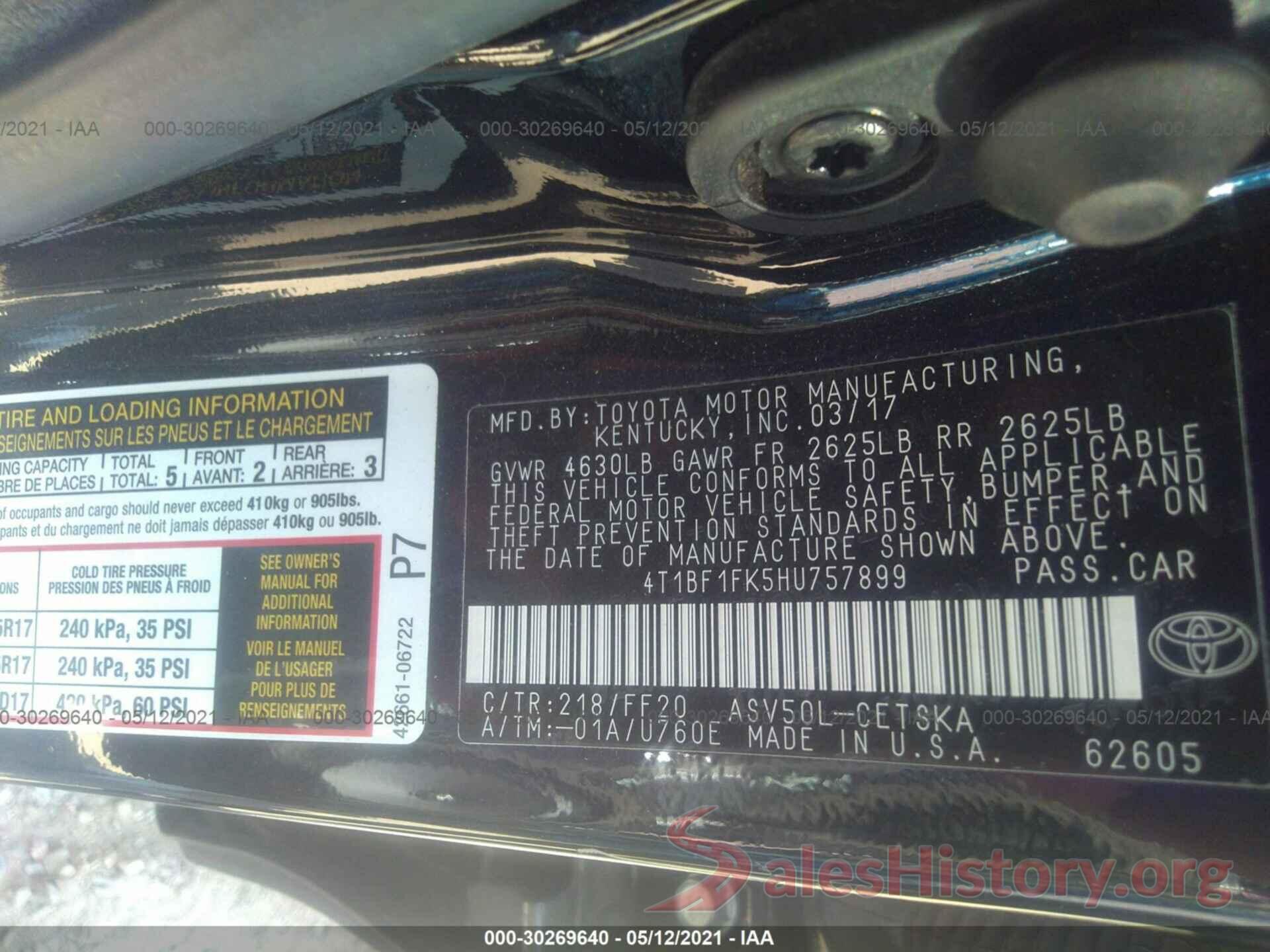 4T1BF1FK5HU757899 2017 TOYOTA CAMRY