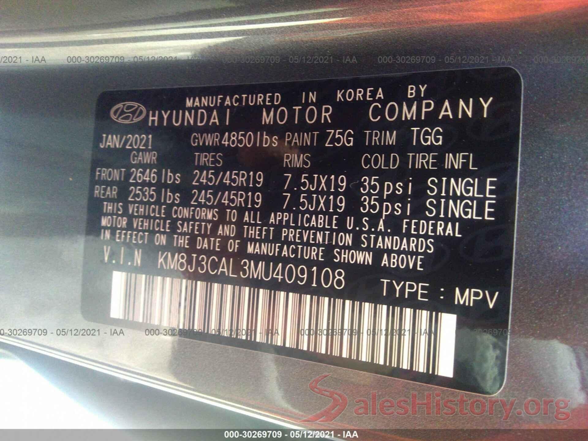 KM8J3CAL3MU409108 2021 HYUNDAI TUCSON