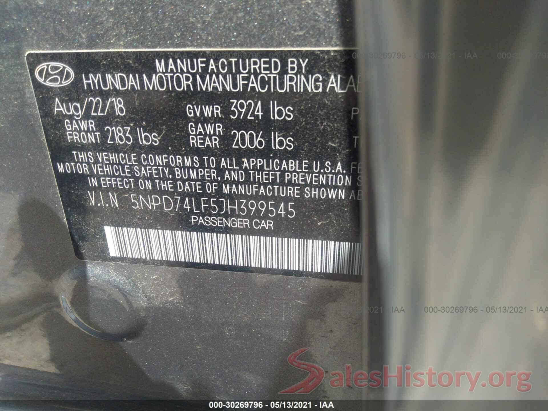 5NPD74LF5JH399545 2018 HYUNDAI ELANTRA