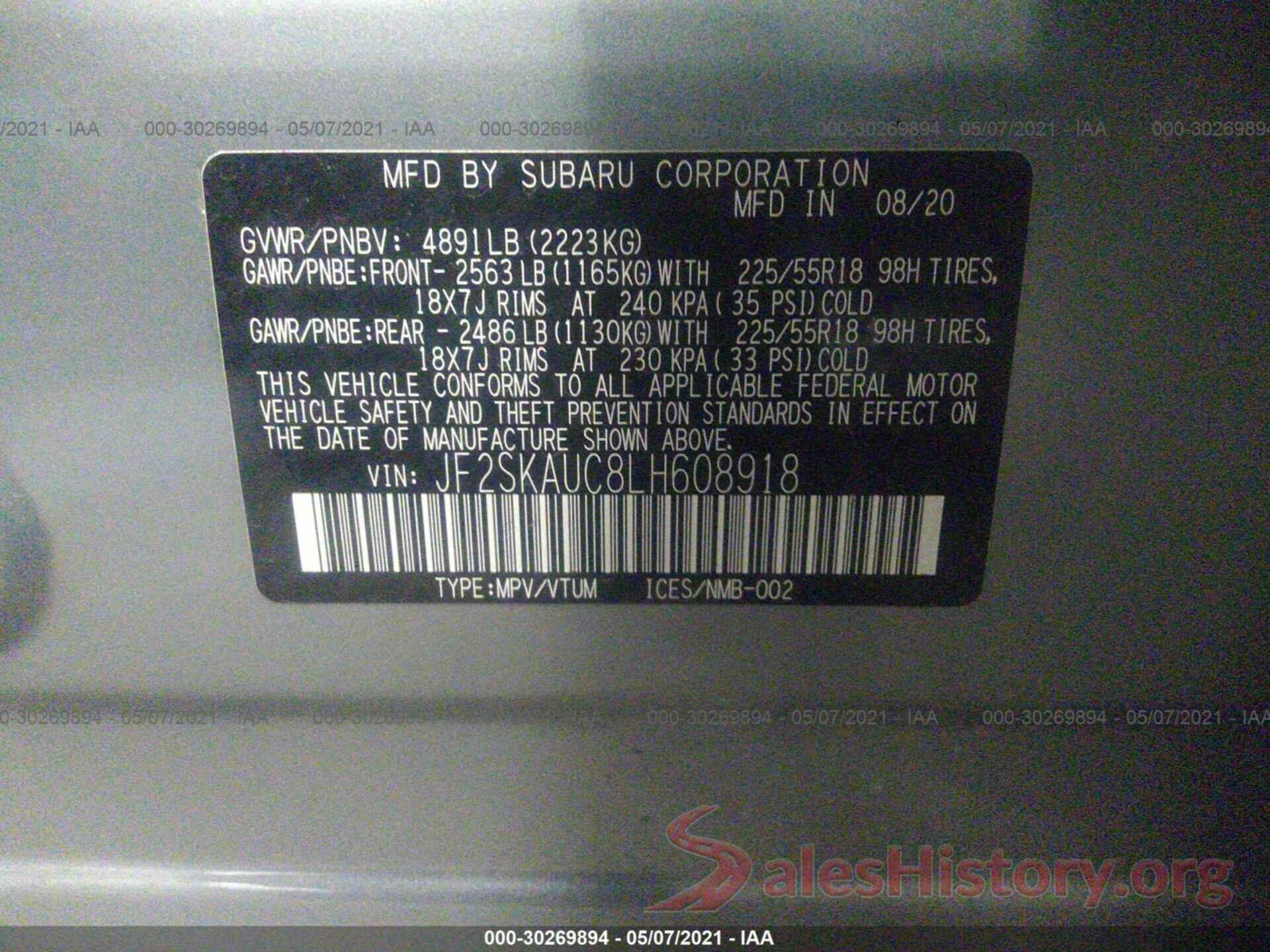 JF2SKAUC8LH608918 2020 SUBARU FORESTER