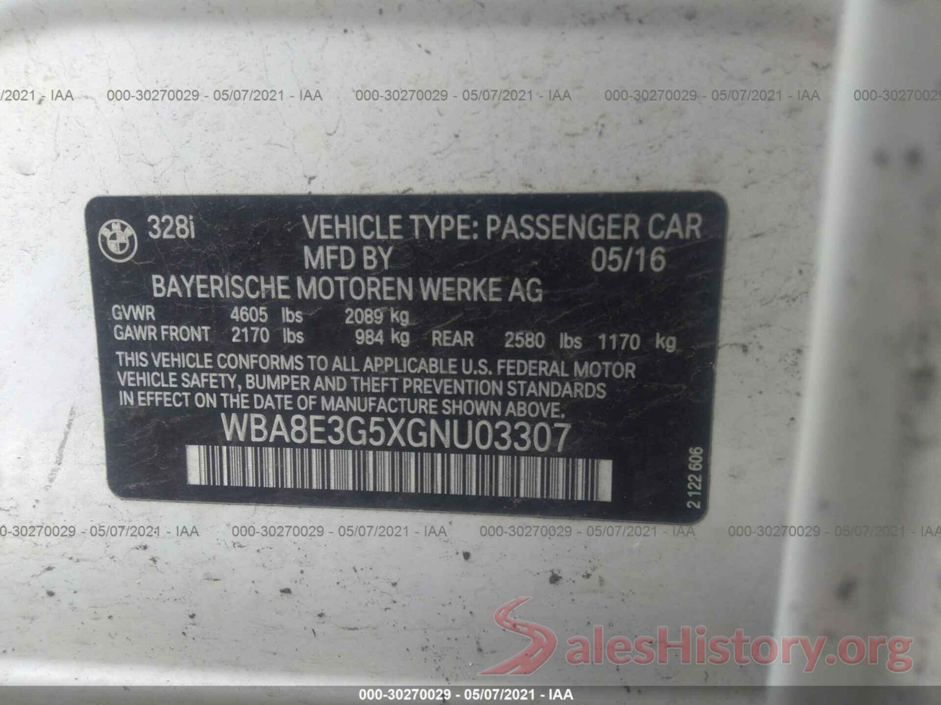 WBA8E3G5XGNU03307 2016 BMW 3 SERIES