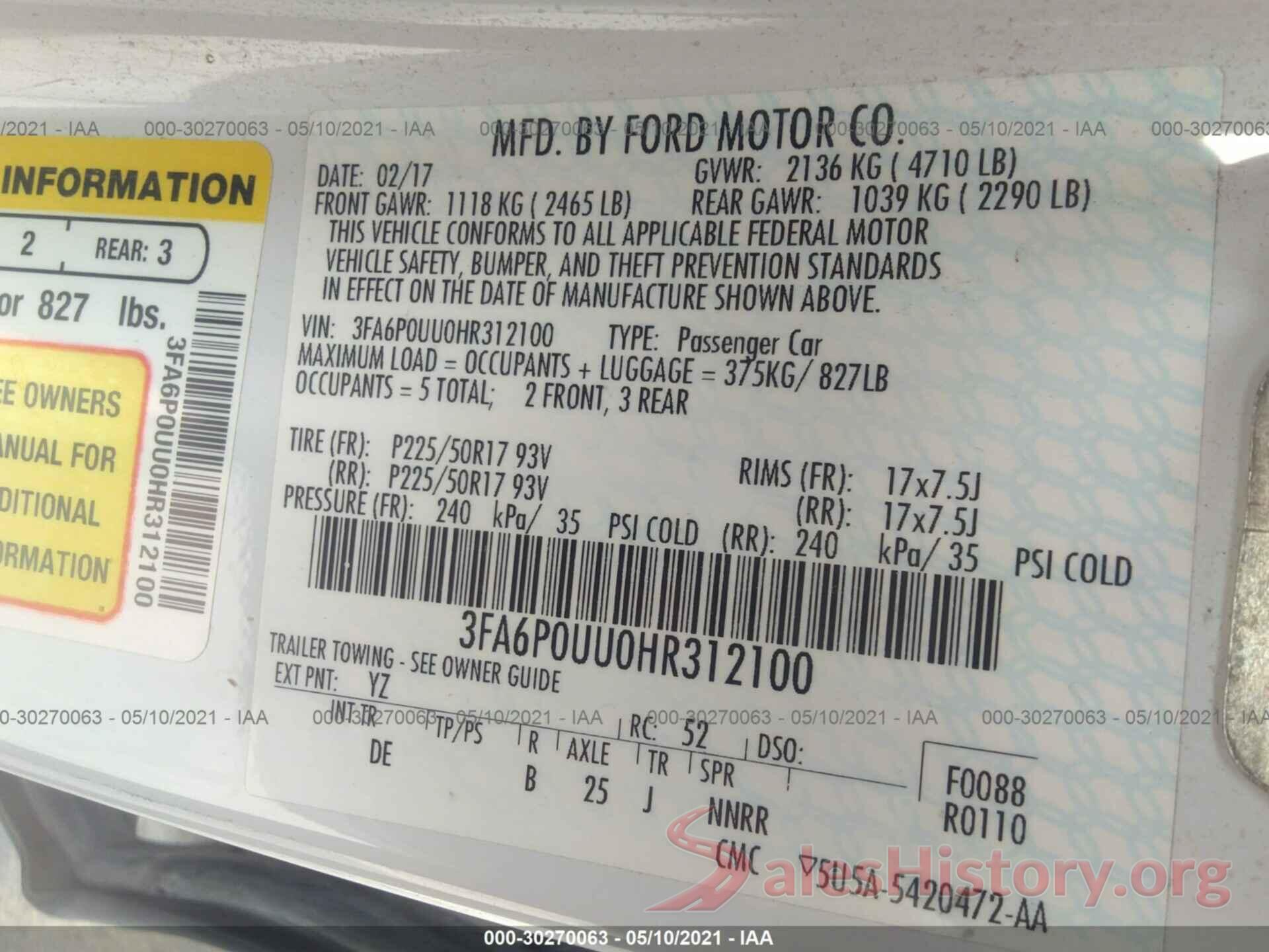 3FA6P0UU0HR312100 2017 FORD FUSION