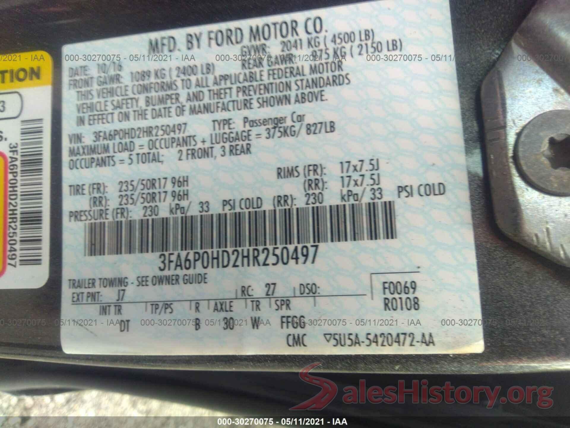 3FA6P0HD2HR250497 2017 FORD FUSION