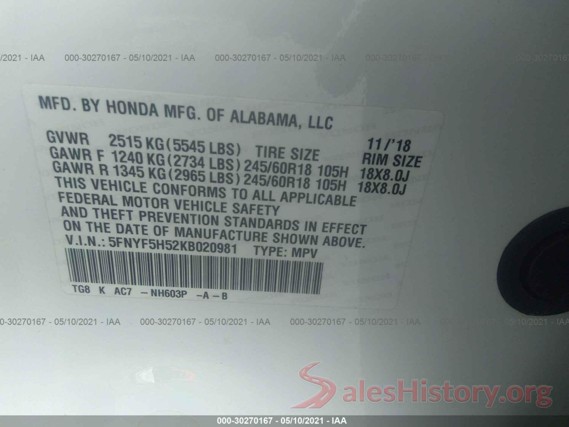 5FNYF5H52KB020981 2019 HONDA PILOT