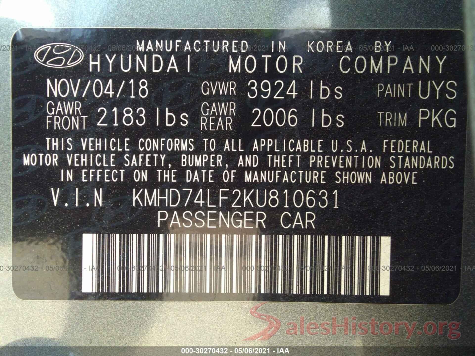 KMHD74LF2KU810631 2019 HYUNDAI ELANTRA