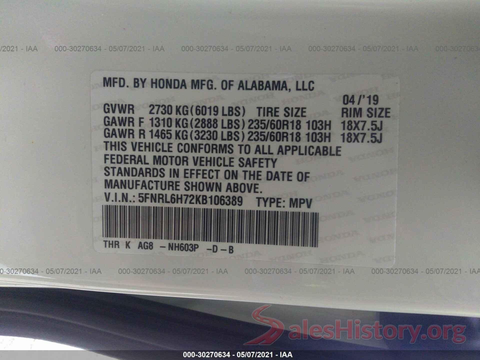 5FNRL6H72KB106389 2019 HONDA ODYSSEY