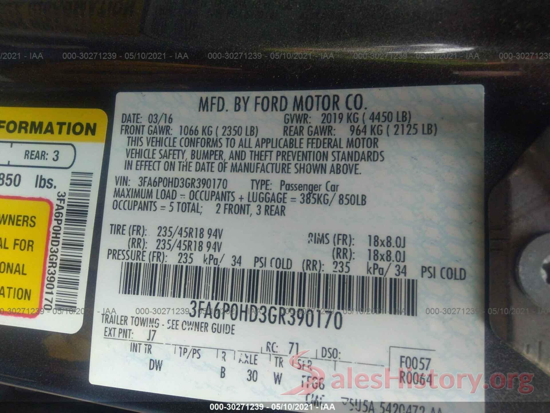 3FA6P0HD3GR390170 2016 FORD FUSION