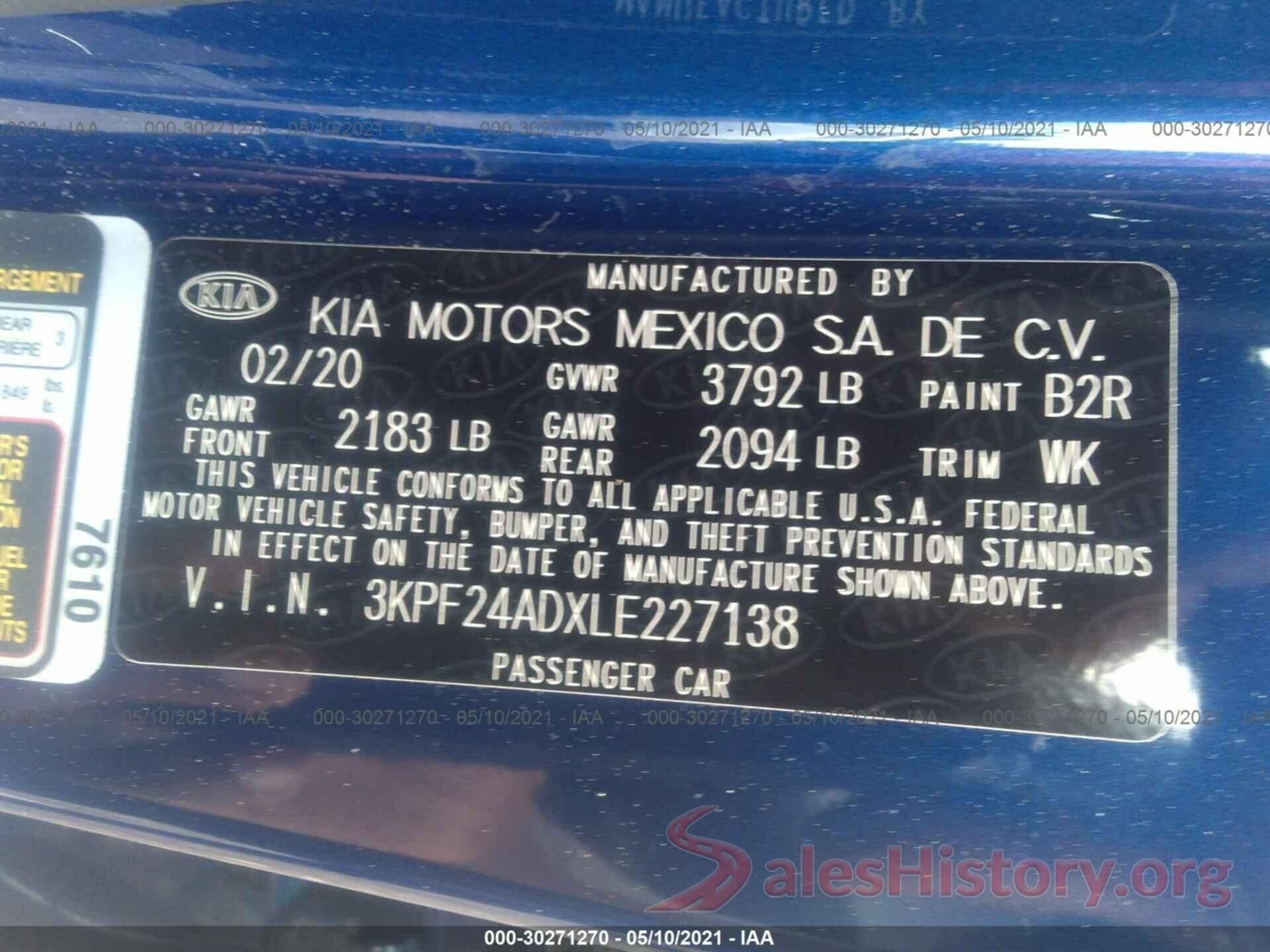 3KPF24ADXLE227138 2020 KIA FORTE