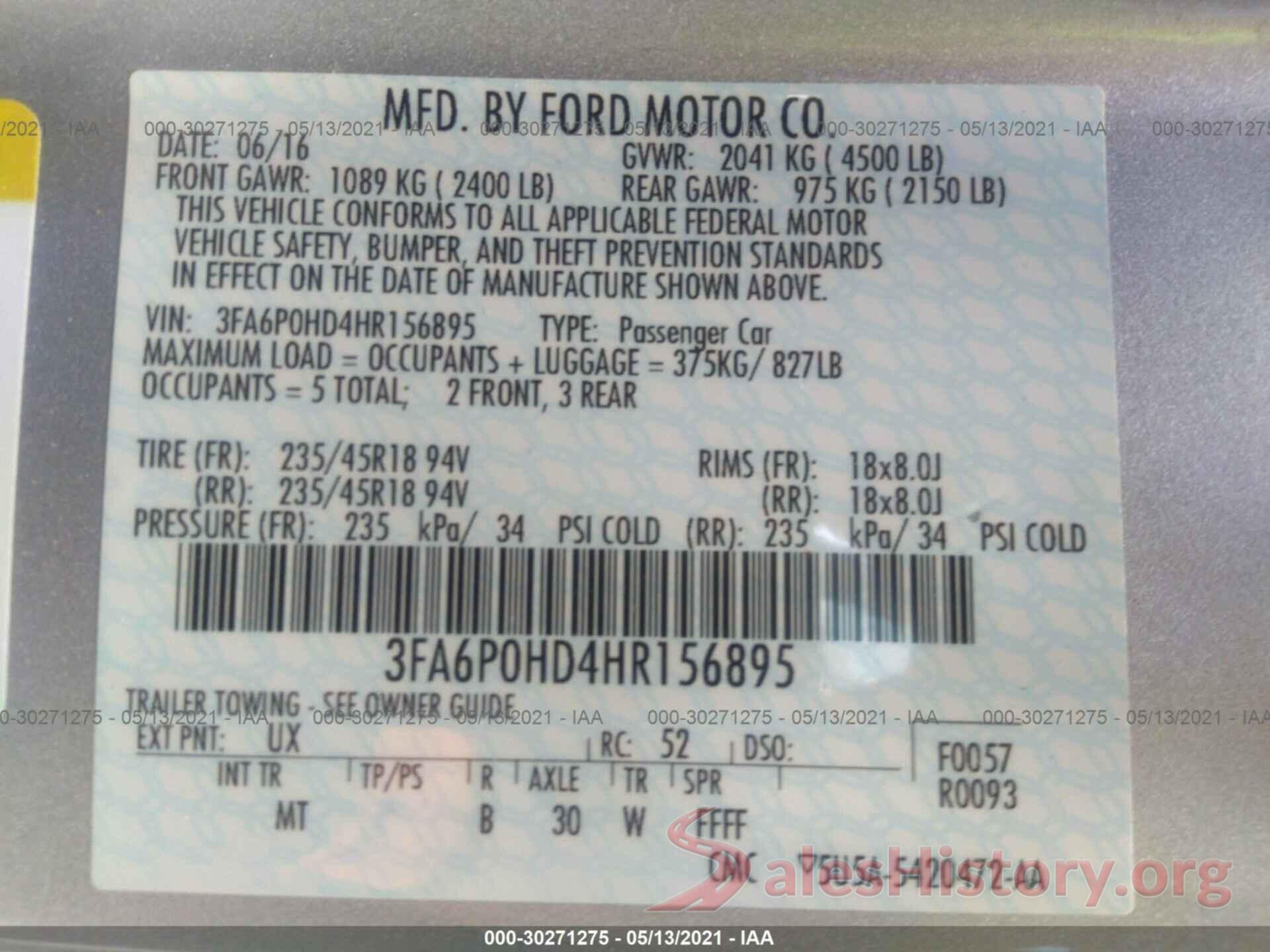 3FA6P0HD4HR156895 2017 FORD FUSION