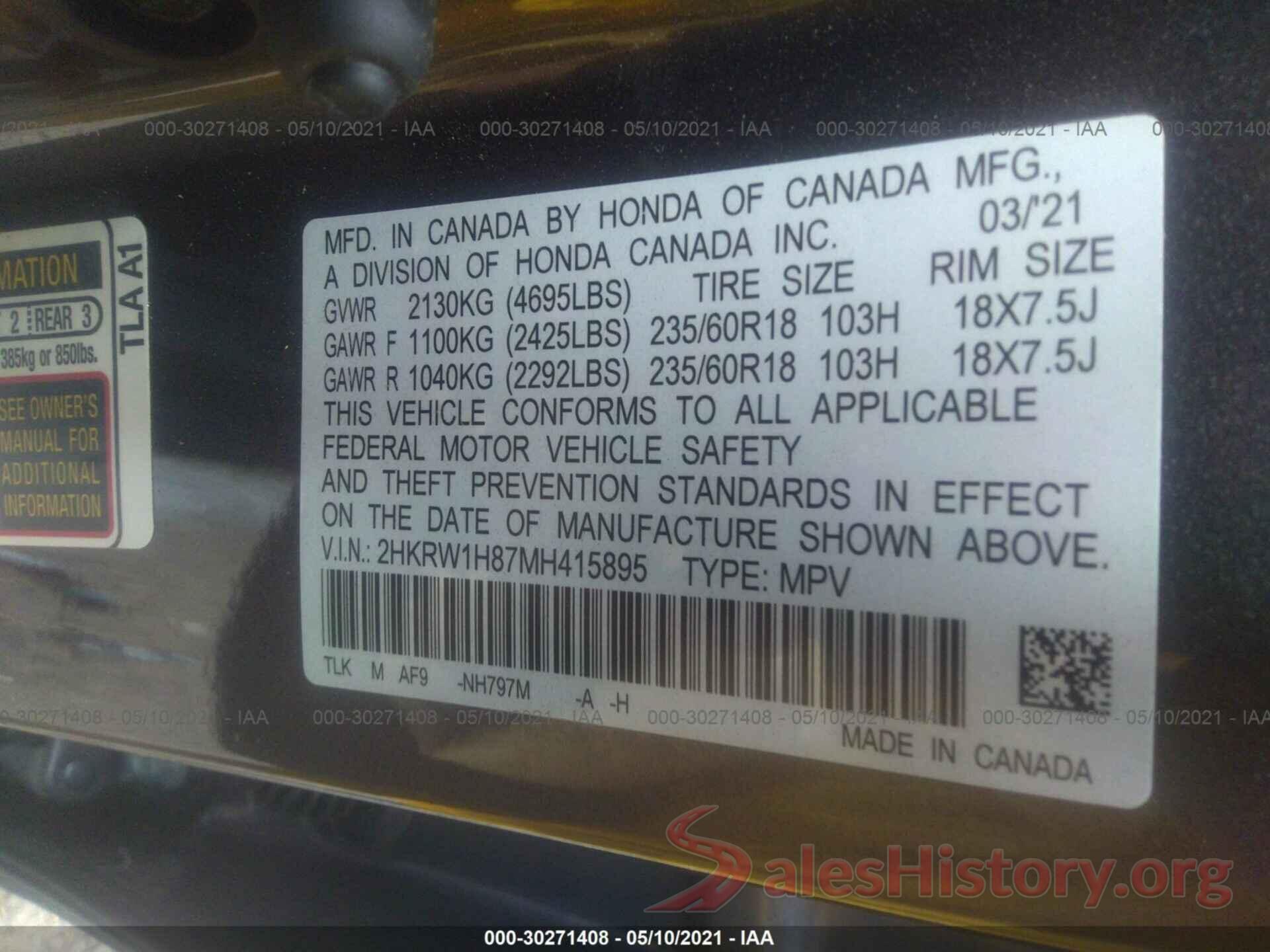 2HKRW1H87MH415895 2021 HONDA CR-V