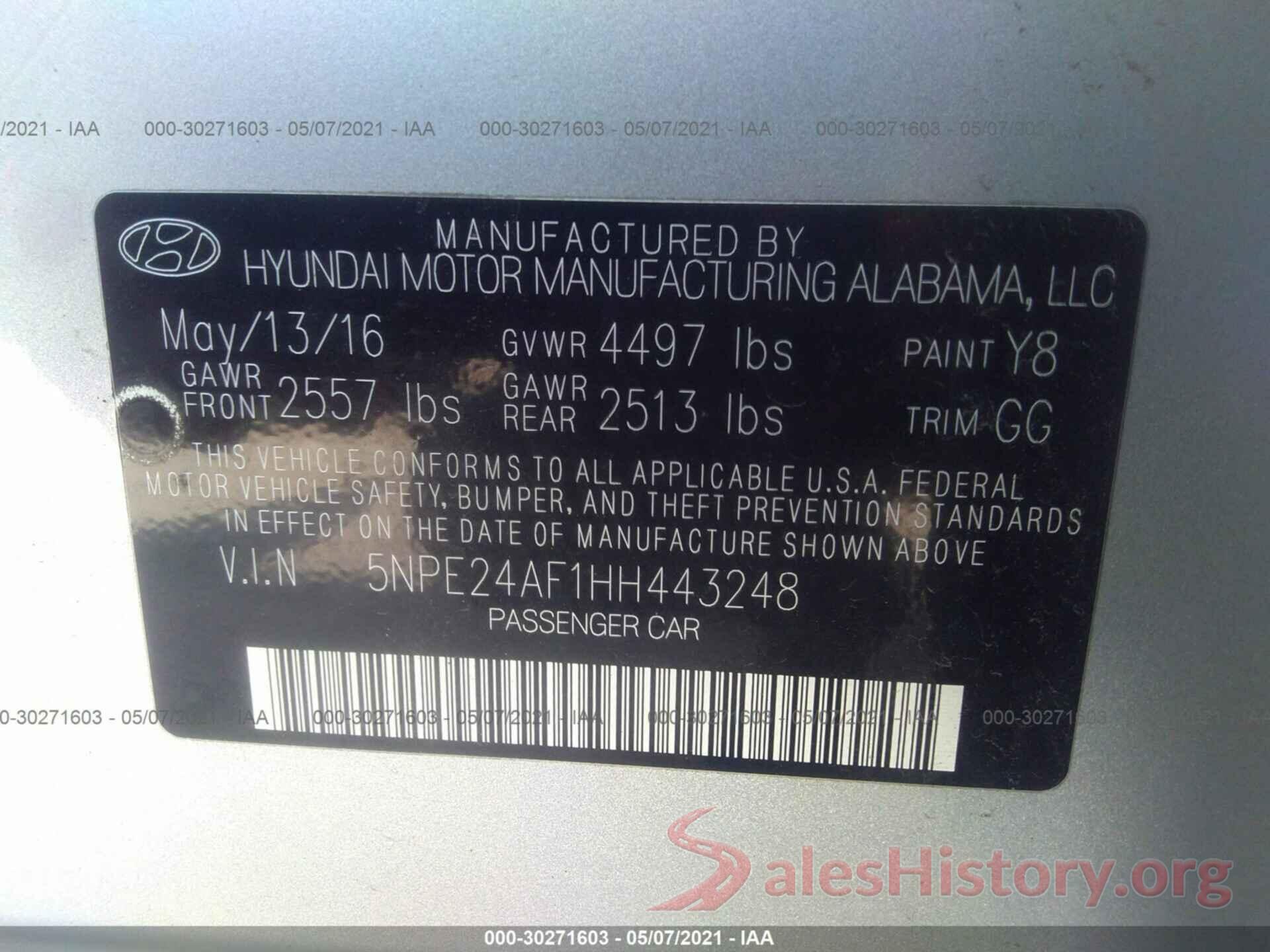 5NPE24AF1HH443248 2017 HYUNDAI SONATA