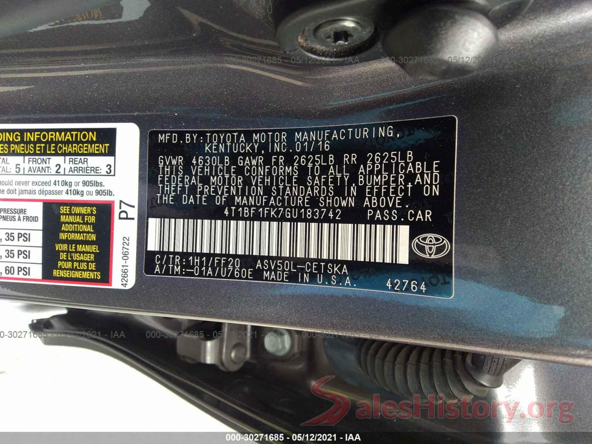 4T1BF1FK7GU183742 2016 TOYOTA CAMRY