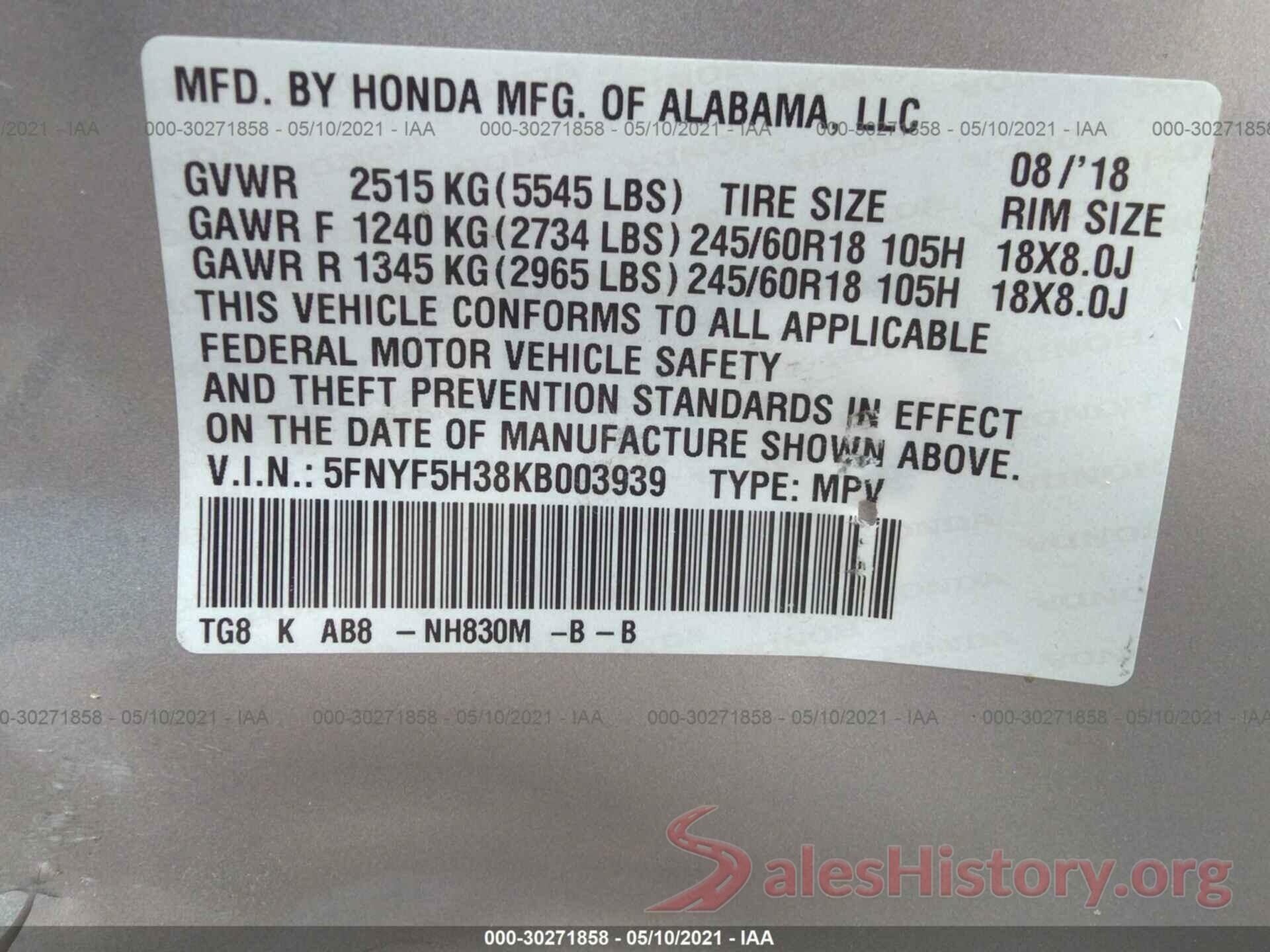 5FNYF5H38KB003939 2019 HONDA PILOT