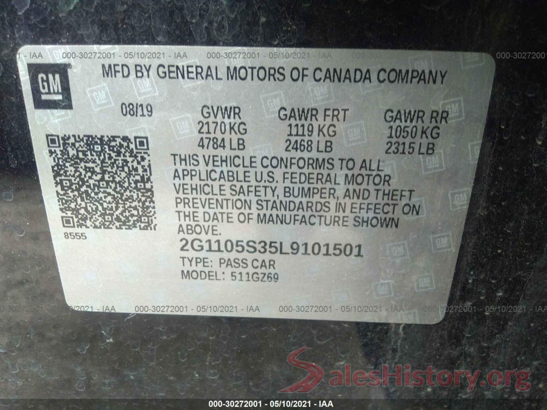 2G1105S35L9101501 2020 CHEVROLET IMPALA