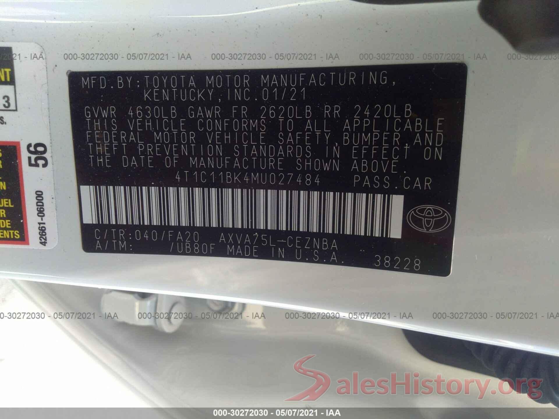 4T1C11BK4MU027484 2021 TOYOTA CAMRY