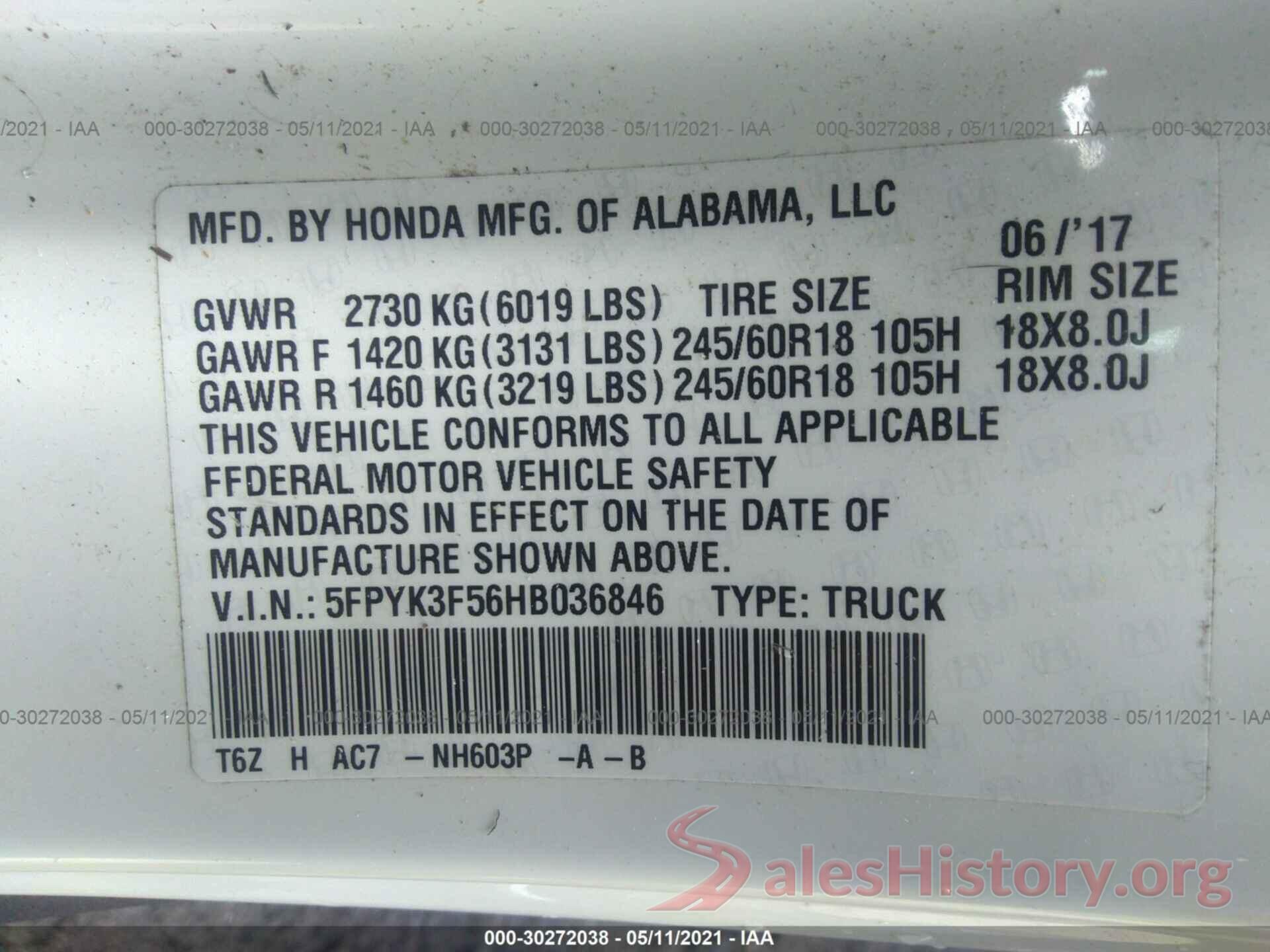 5FPYK3F56HB036846 2017 HONDA RIDGELINE