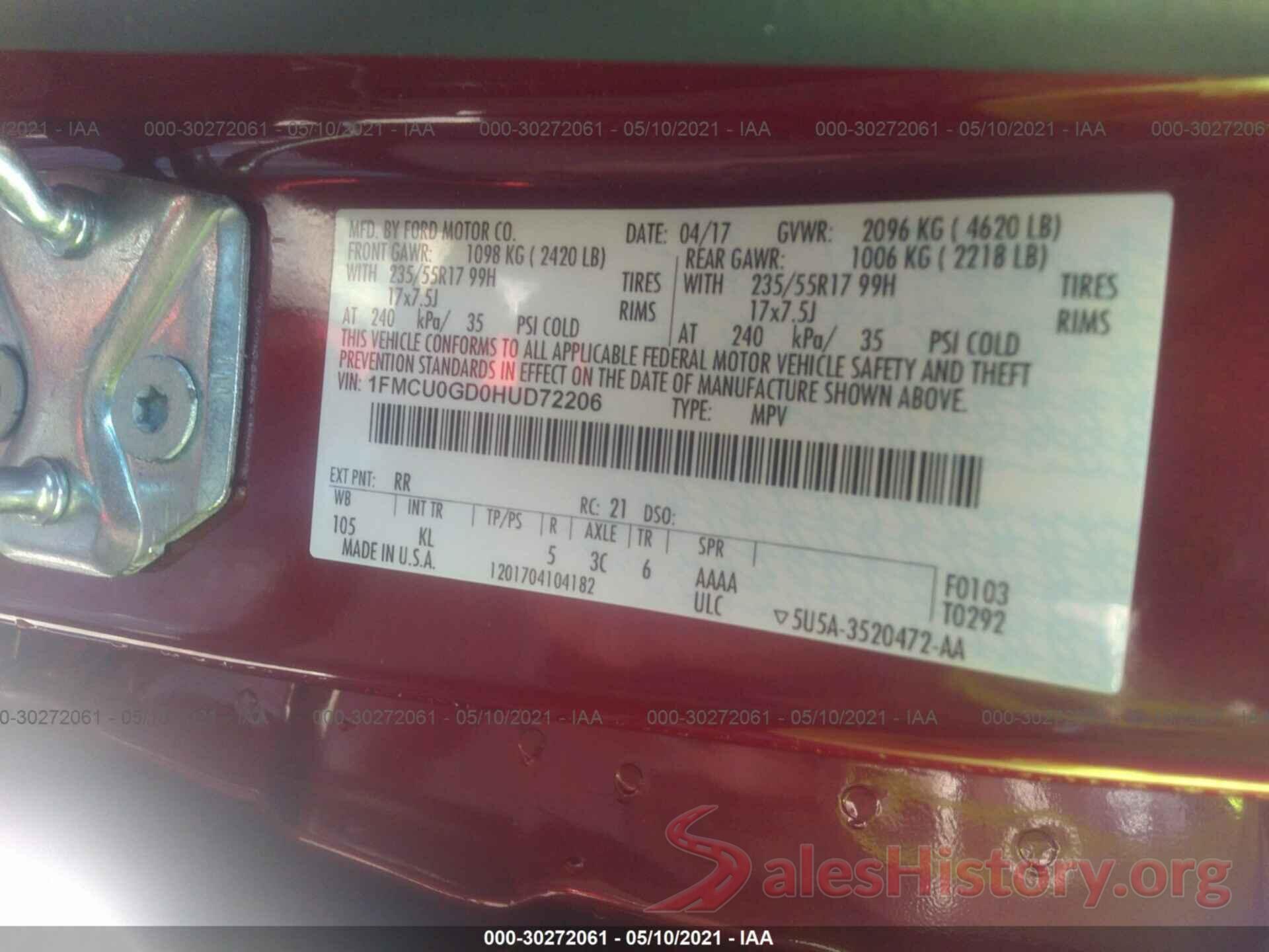 1FMCU0GD0HUD72206 2017 FORD ESCAPE