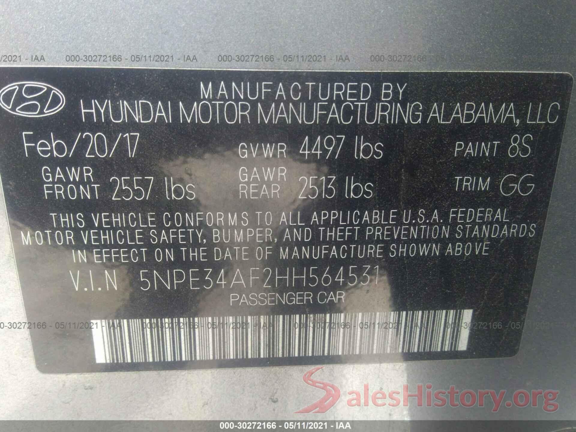 5NPE34AF2HH564531 2017 HYUNDAI SONATA