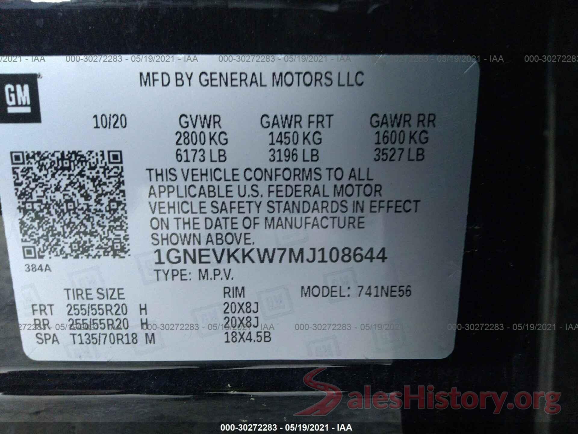 1GNEVKKW7MJ108644 2021 CHEVROLET TRAVERSE