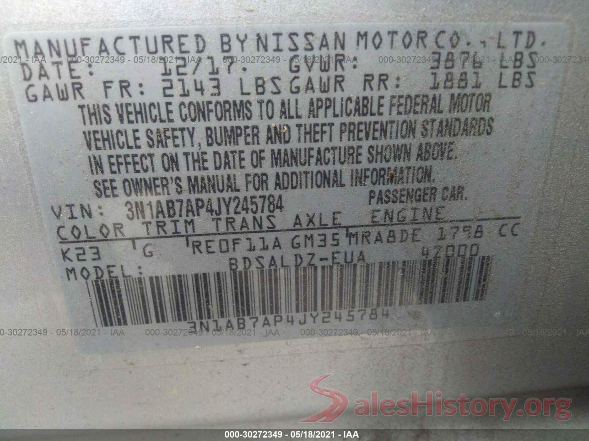 3N1AB7AP4JY245784 2018 NISSAN SENTRA