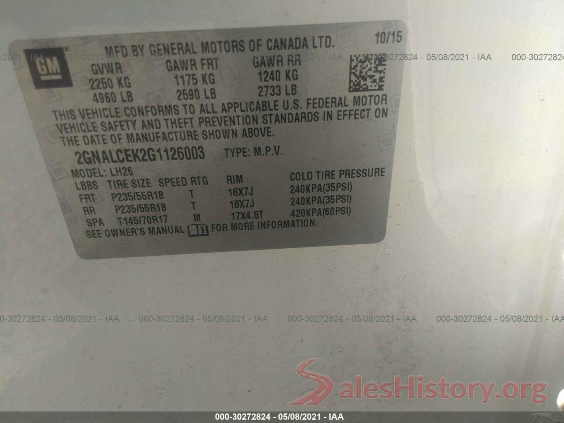 2GNALCEK2G1126003 2016 CHEVROLET EQUINOX