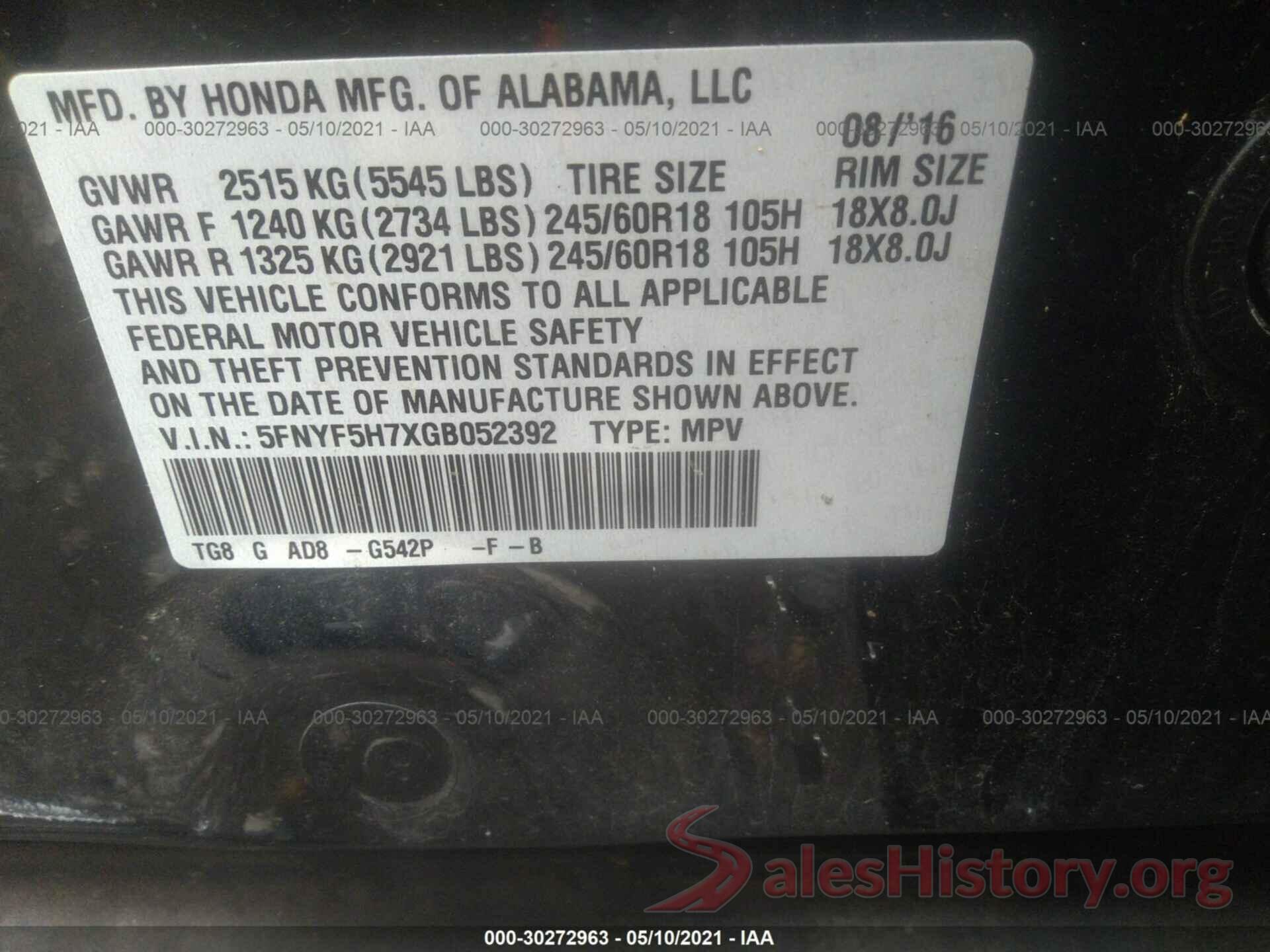 5FNYF5H7XGB052392 2016 HONDA PILOT