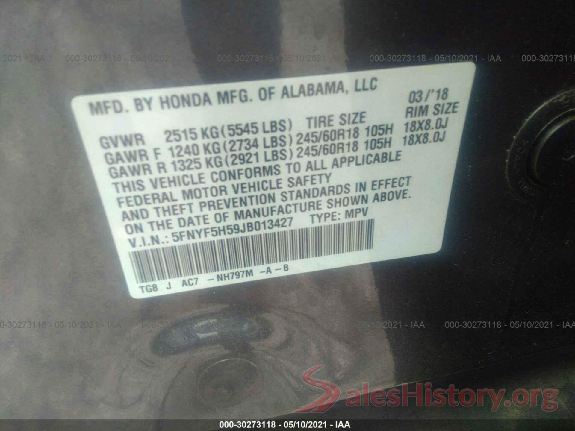 5FNYF5H59JB013427 2018 HONDA PILOT