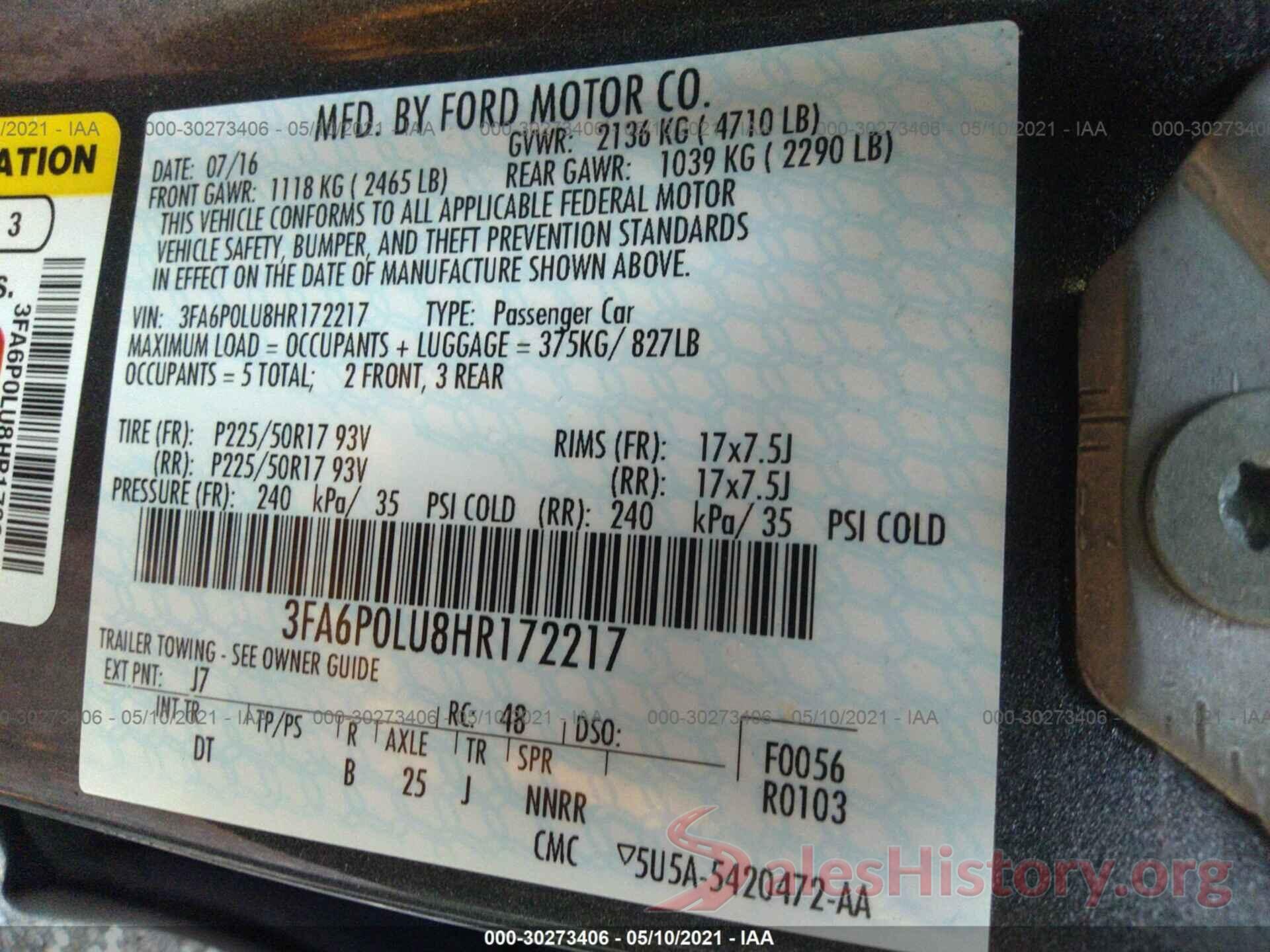 3FA6P0LU8HR172217 2017 FORD FUSION