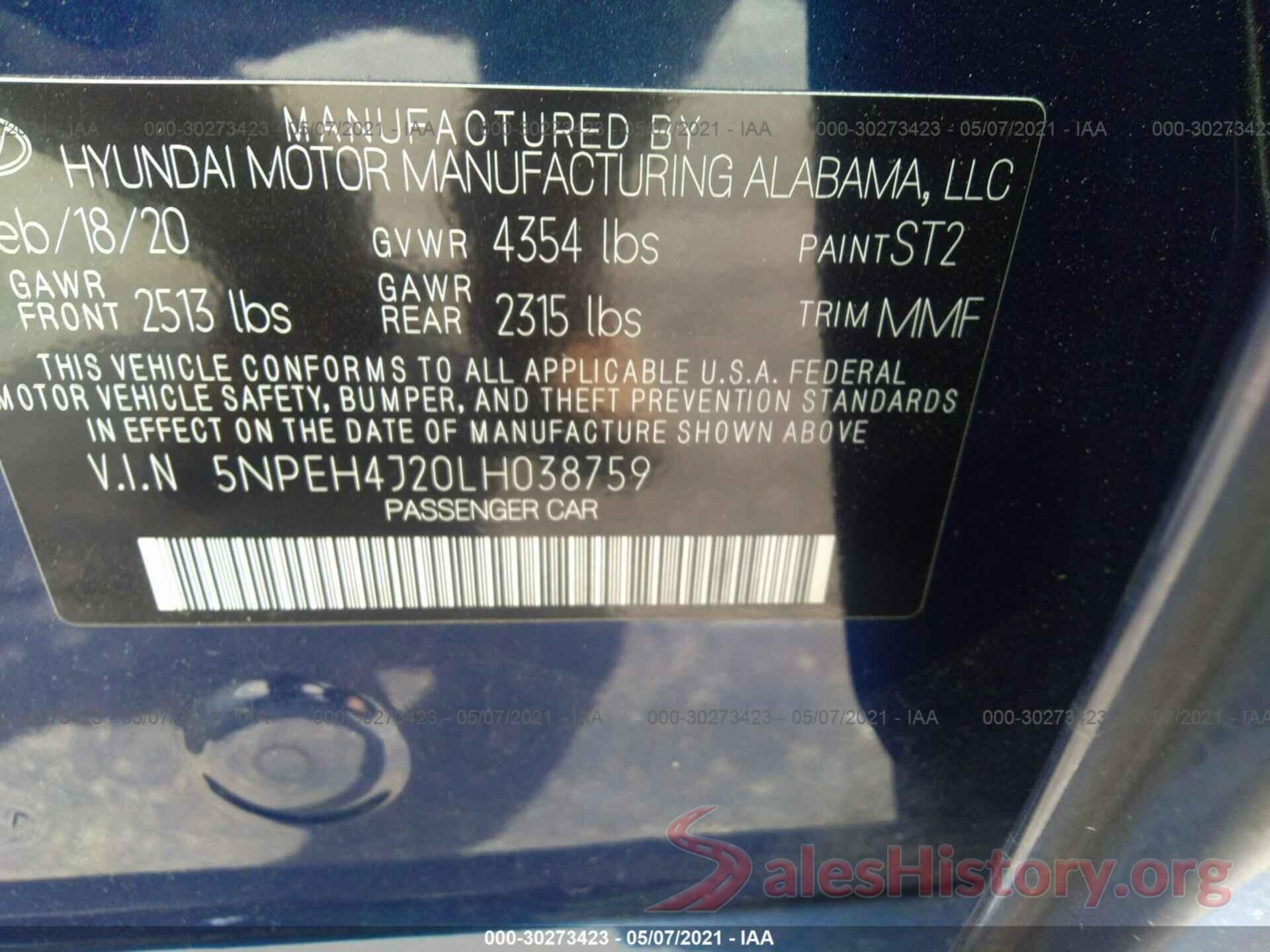 5NPEH4J20LH038759 2020 HYUNDAI SONATA