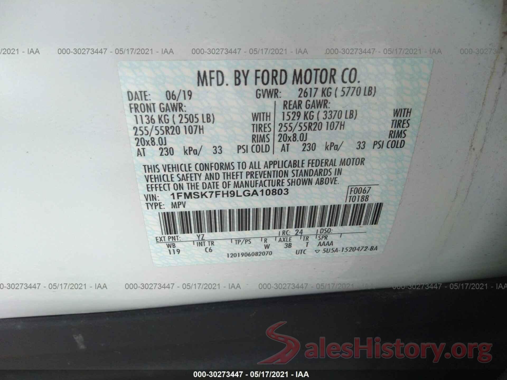 1FMSK7FH9LGA10803 2020 FORD EXPLORER