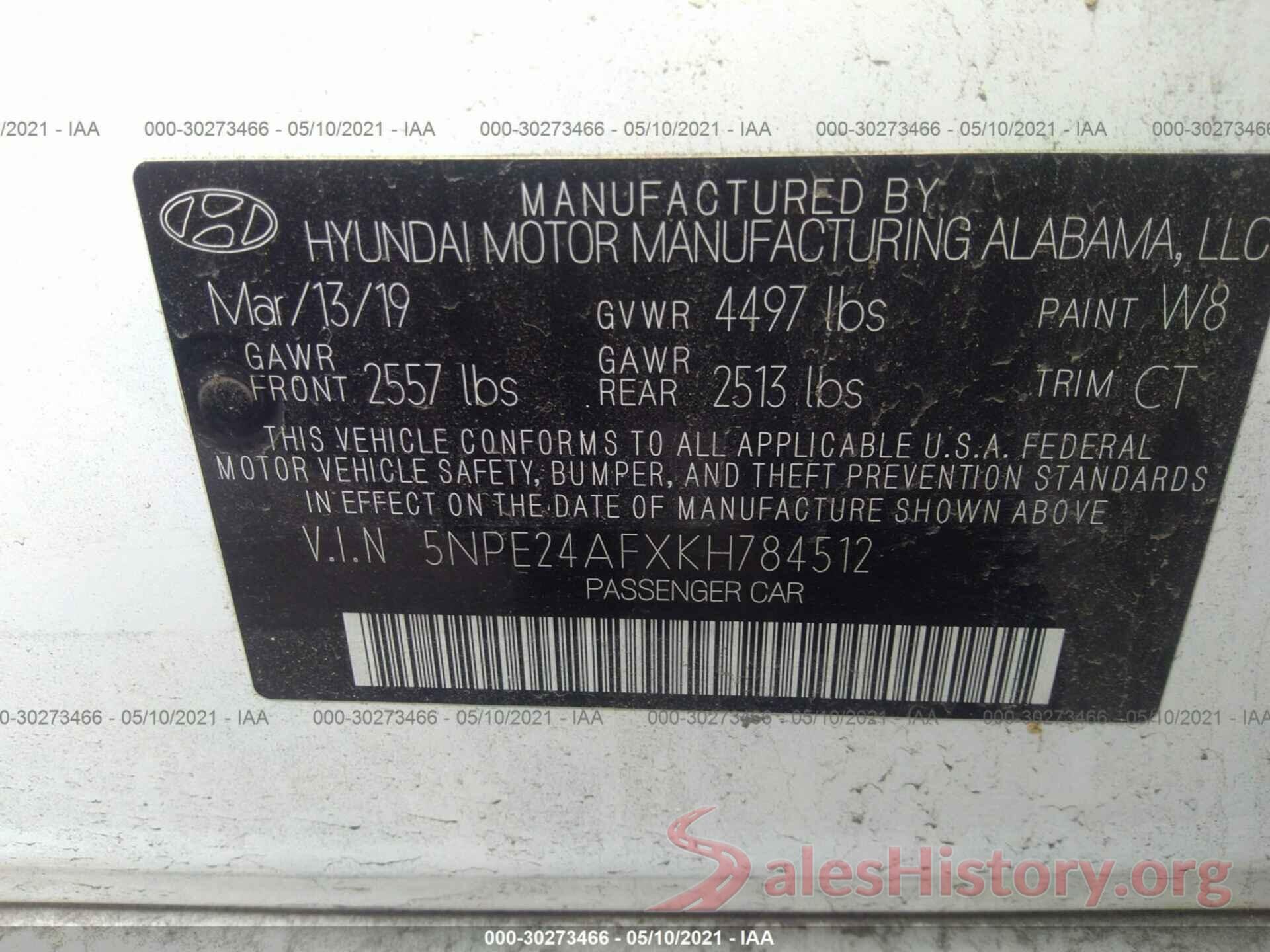 5NPE24AFXKH784512 2019 HYUNDAI SONATA