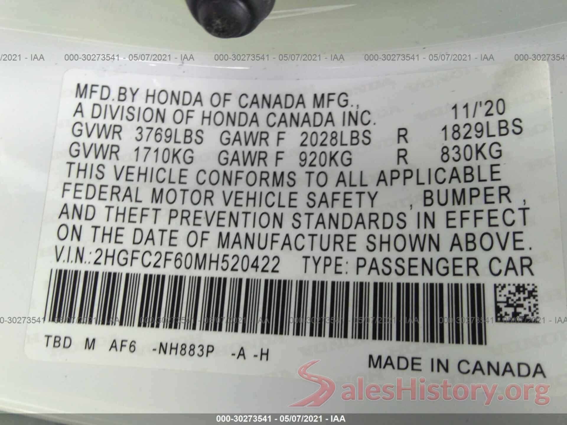 2HGFC2F60MH520422 2021 HONDA CIVIC SEDAN