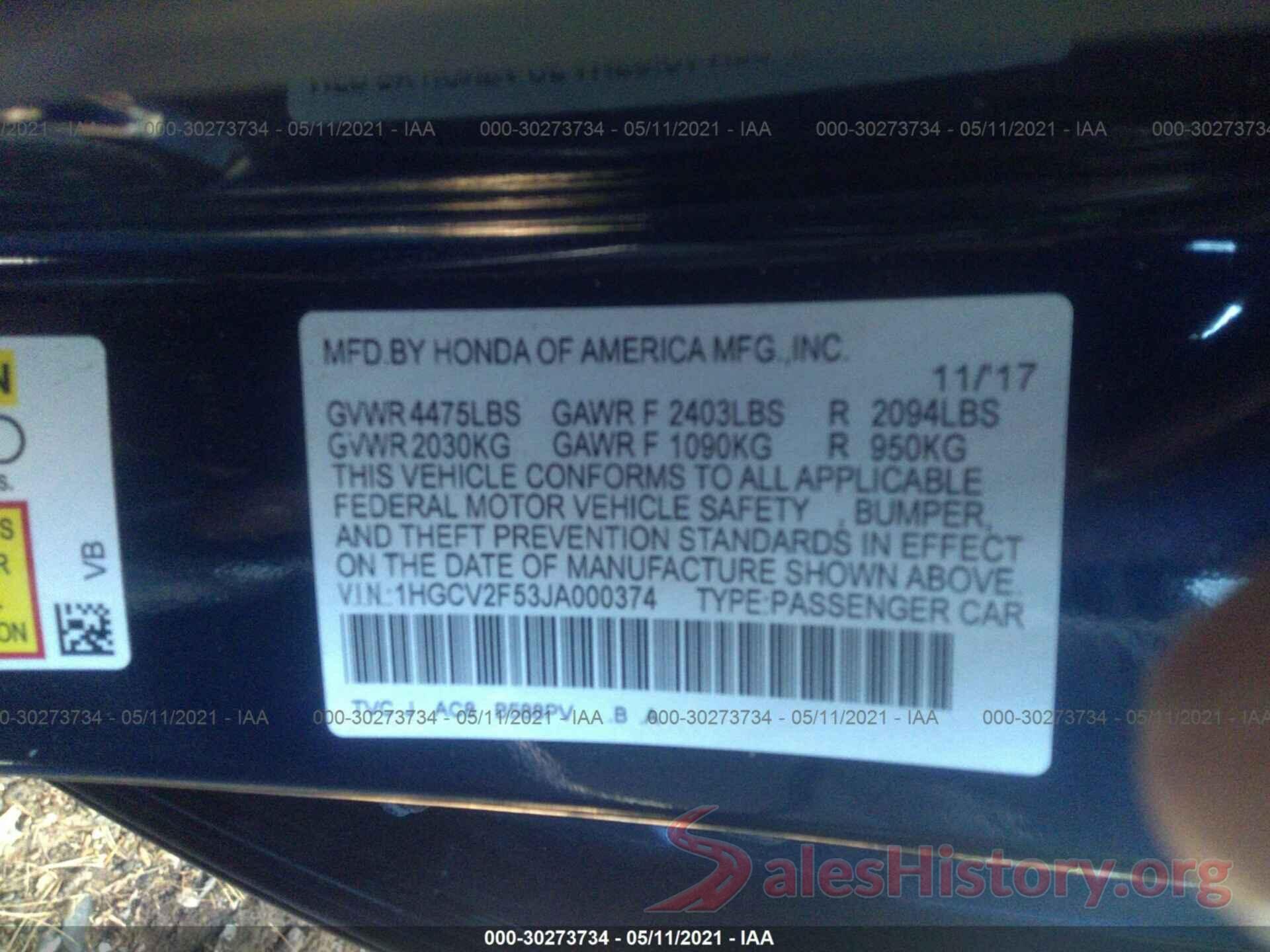 1HGCV2F53JA000374 2018 HONDA ACCORD SEDAN