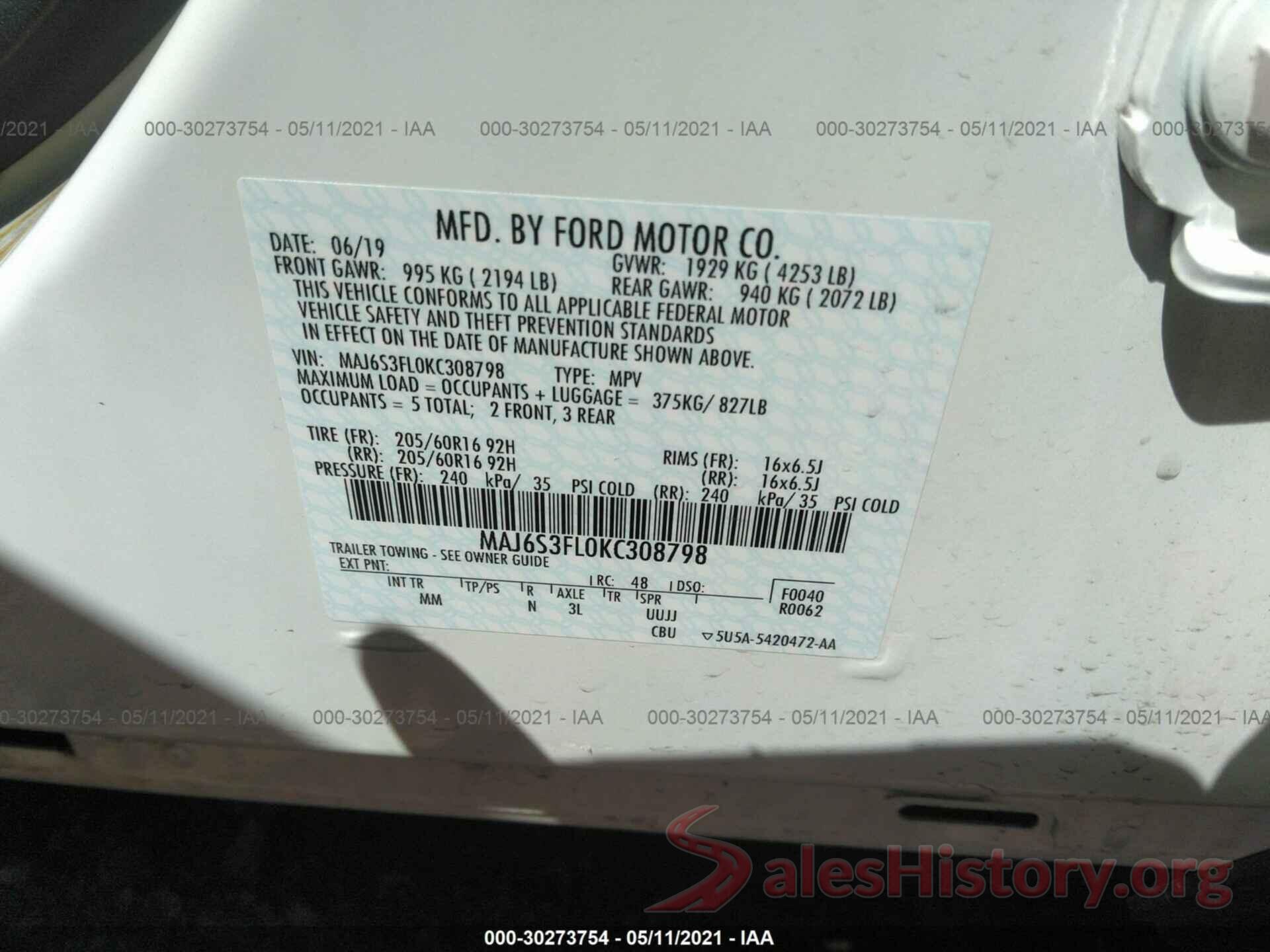 MAJ6S3FL0KC308798 2019 FORD ECOSPORT