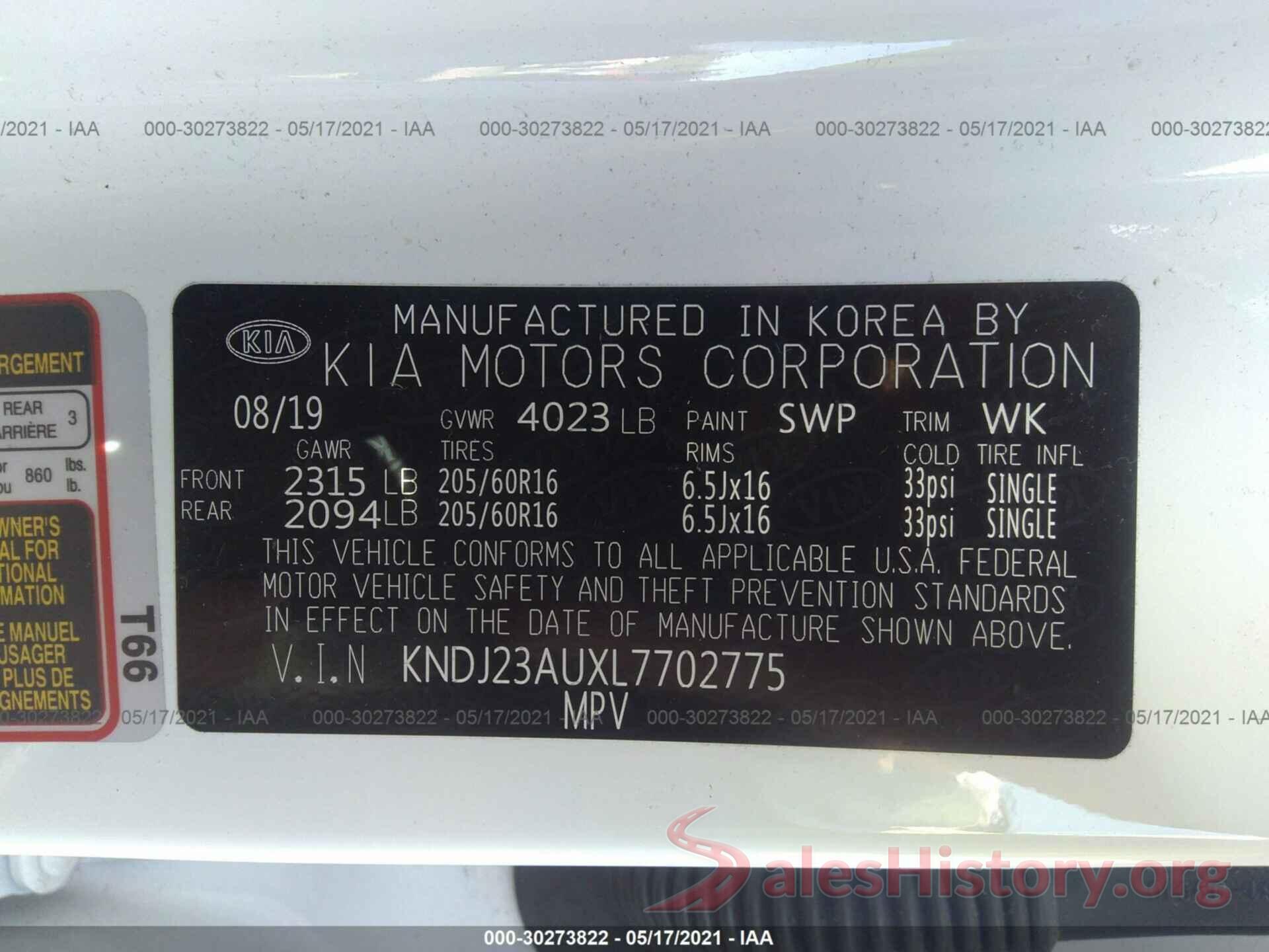 KNDJ23AUXL7702775 2020 KIA SOUL