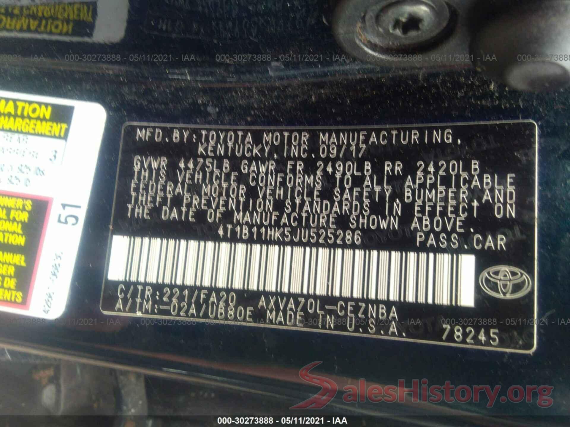 4T1B11HK5JU525286 2018 TOYOTA CAMRY