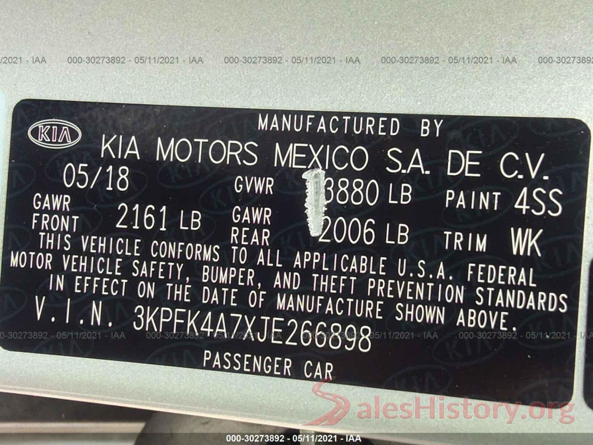 3KPFK4A7XJE266898 2018 KIA FORTE