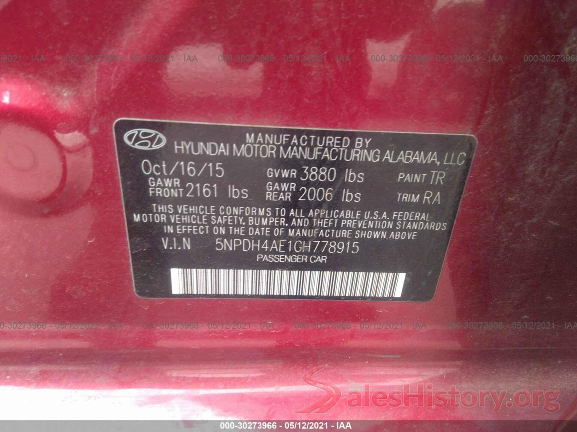 5NPDH4AE1GH778915 2016 HYUNDAI ELANTRA