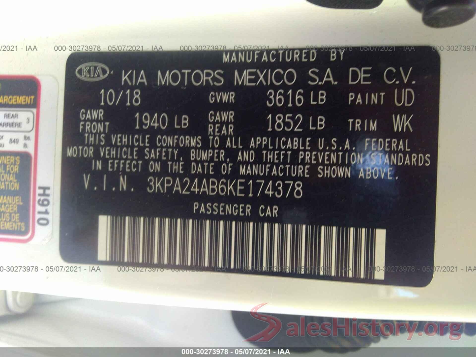 3KPA24AB6KE174378 2019 KIA RIO