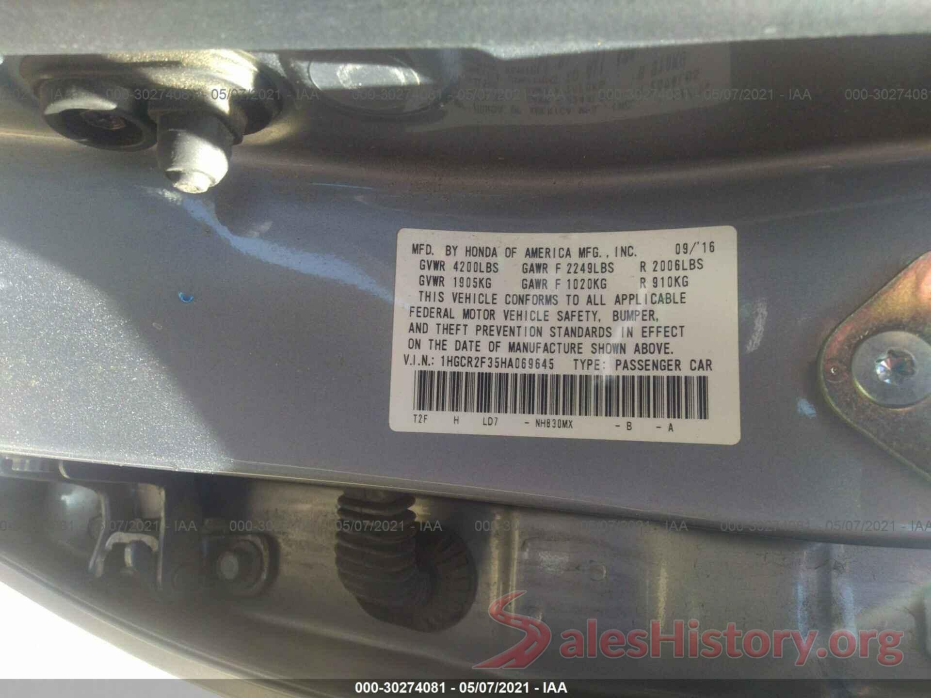 1HGCR2F35HA069645 2017 HONDA ACCORD SEDAN